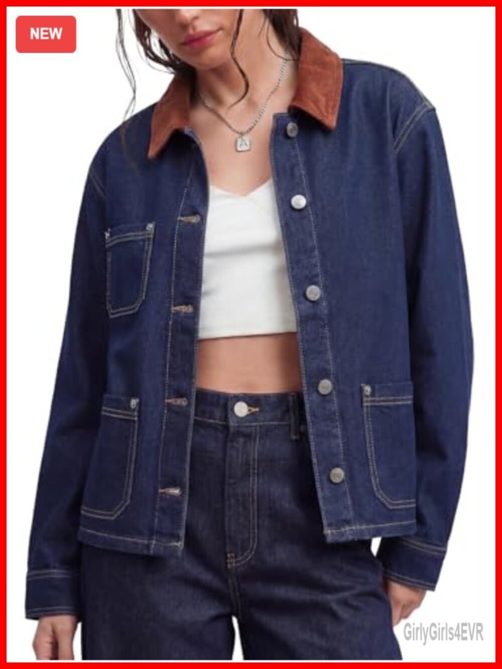 Vintage Denim Jacket with Corduroy Collar Oversized Button Down Shacket